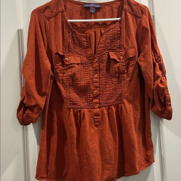 Gloria Vanderbilt 1/2 button down boho peasant pleat top 3/4 sleeve tab size M - Picture 1 of 11